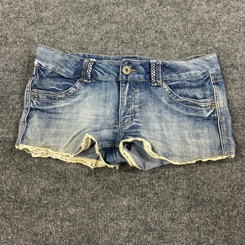 Candie's Shorts Womens Size 13 Blue Denim Eyelet Lace Trim Braided Boho Casual